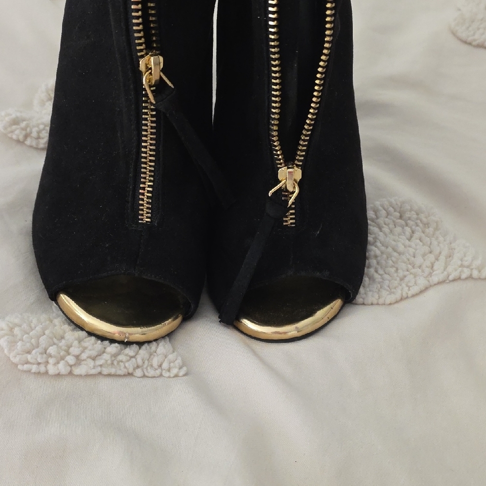 Mossimo Supply Co. Black Suede Peep-Toe Ankle Boots with Gold Trim - Picture 5 of 14